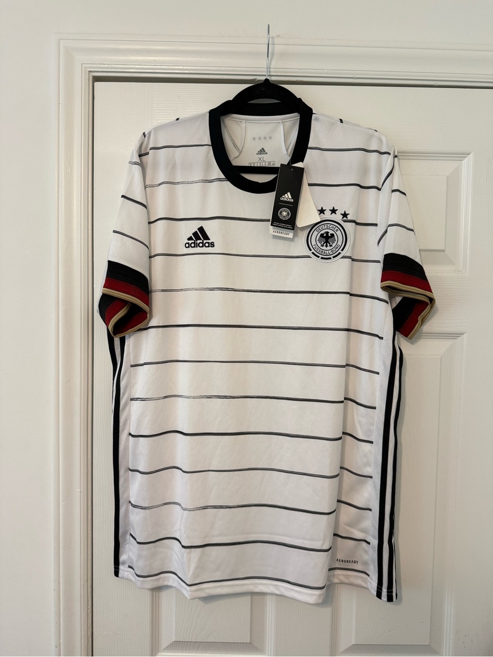 adidas White and Black Striped Germany Soccer Jersey